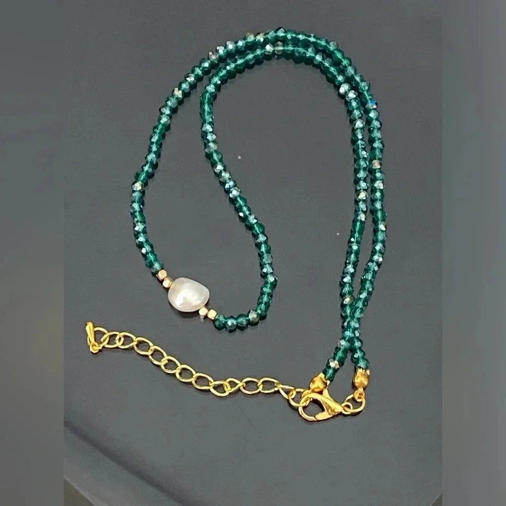 Handmade Iridescent Aqua Seed Bead Single Real Freshwater Pearl Necklace NEW